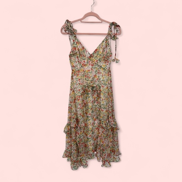STORIA Floral Ruffle Romantic Frilly Midi Dress Tassel Ties Cottagecore Small - Picture 4 of 13